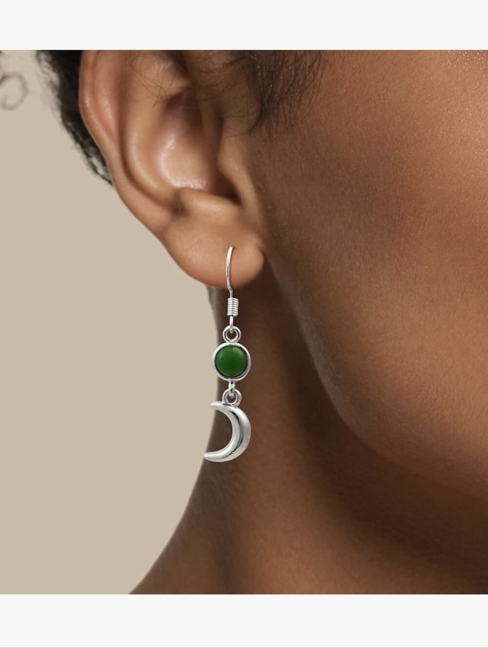 Crescent Moon And Green Stone Earrings - Picture 2 of 7